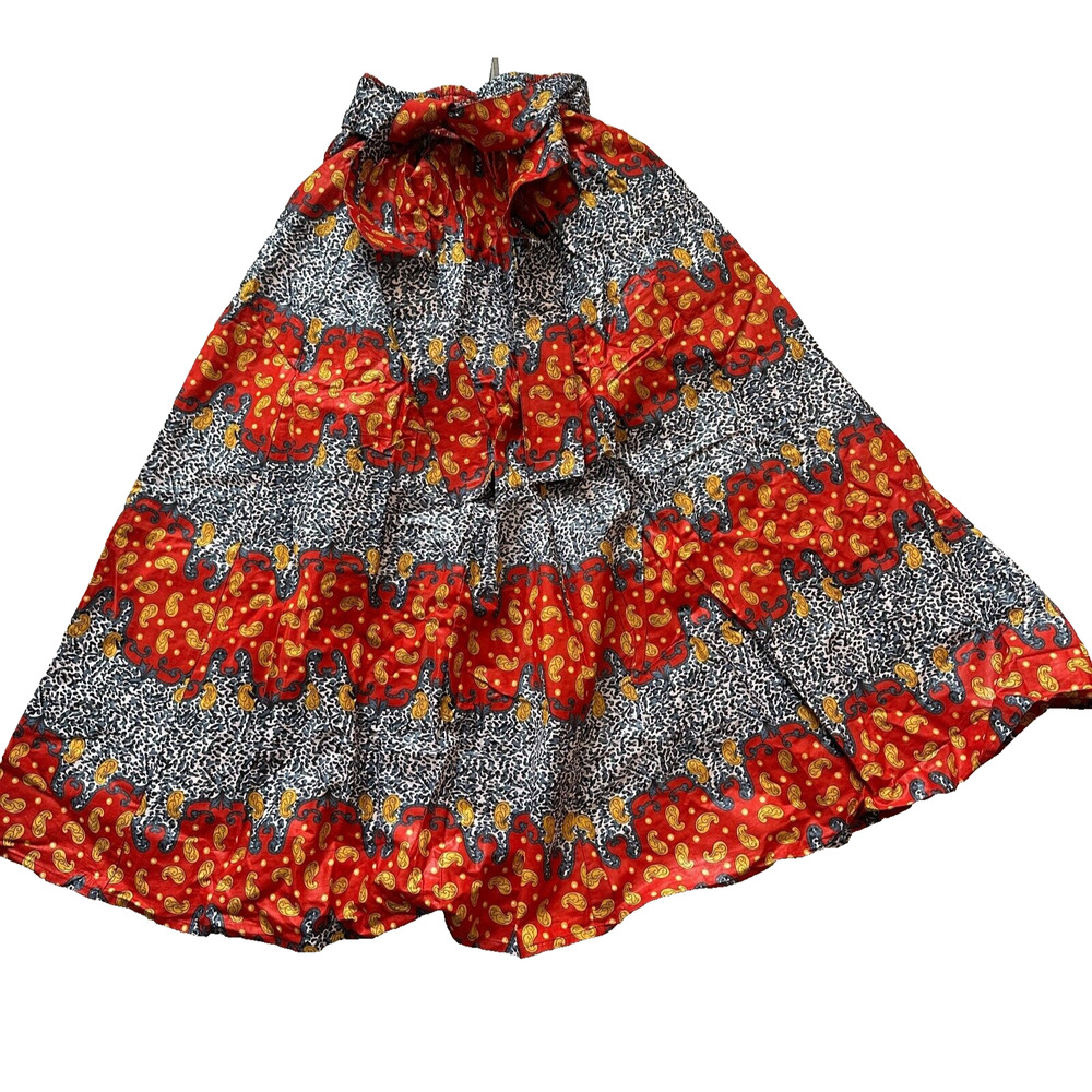 Ankara Long Maxi Skirt with Pockets Paisley Abstract Red Western One Size